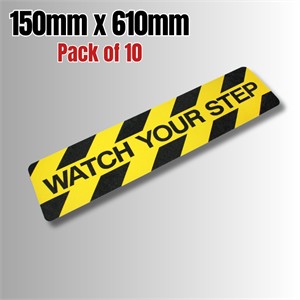 Self Adhesive "Watch Your Step" Anti Slip Stair Tread 150MM X 610MM - Pack Of 10